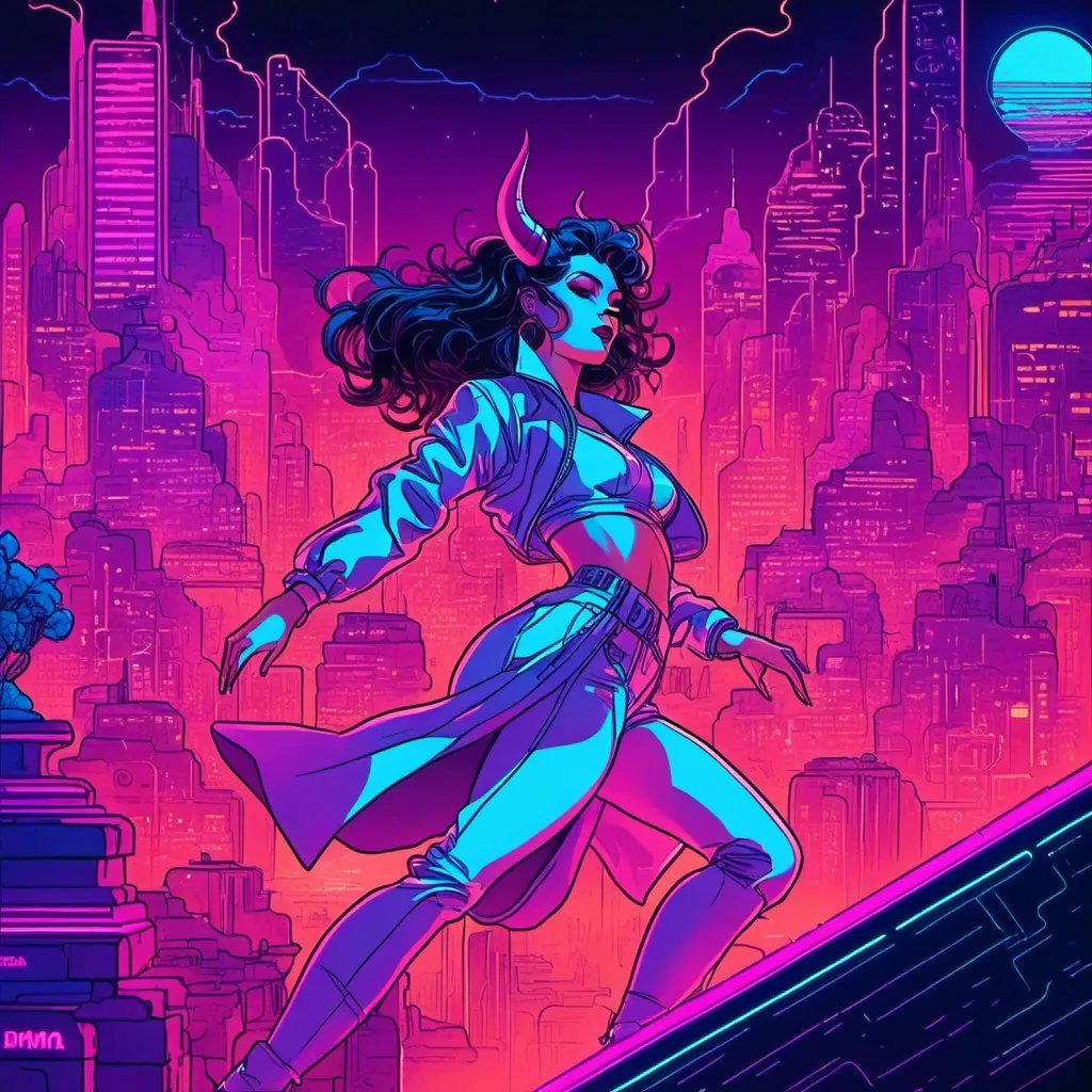 Prompt: a beautiful female demon in a dynamic pose in a retro futuristic synthwave cyberpunk neon paradise in <mymodel> style.  neon lighting, synthwave, cyber, futuristic city atmosphere. 