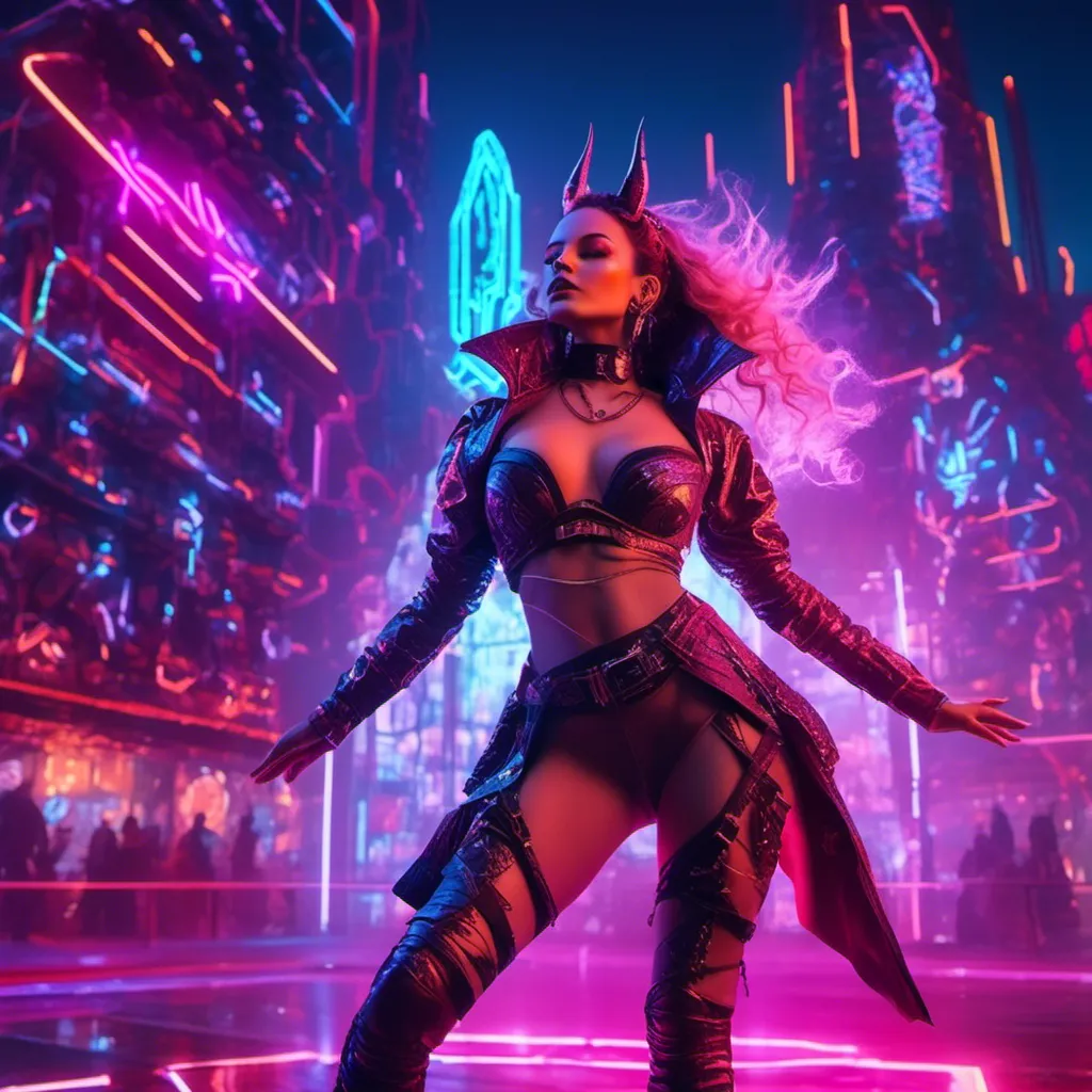 Prompt: a beautiful female demon in a dynamic pose in a retro futuristic synthwave cyberpunk neon paradise in <mymodel> style.  neon lighting, synthwave, cyber, futuristic city atmosphere. 