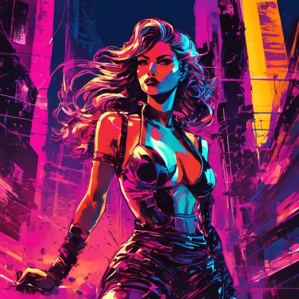 Prompt: Modern sumi-e speed style, dynamic brush strokes, a beautiful female demon in a dynamic pose in a retro futuristic synthwave cyberpunk neon paradise in <mymodel> style.  neon lighting, synthwave, cyber, futuristic city atmosphere, art, illustrated, stylized. 