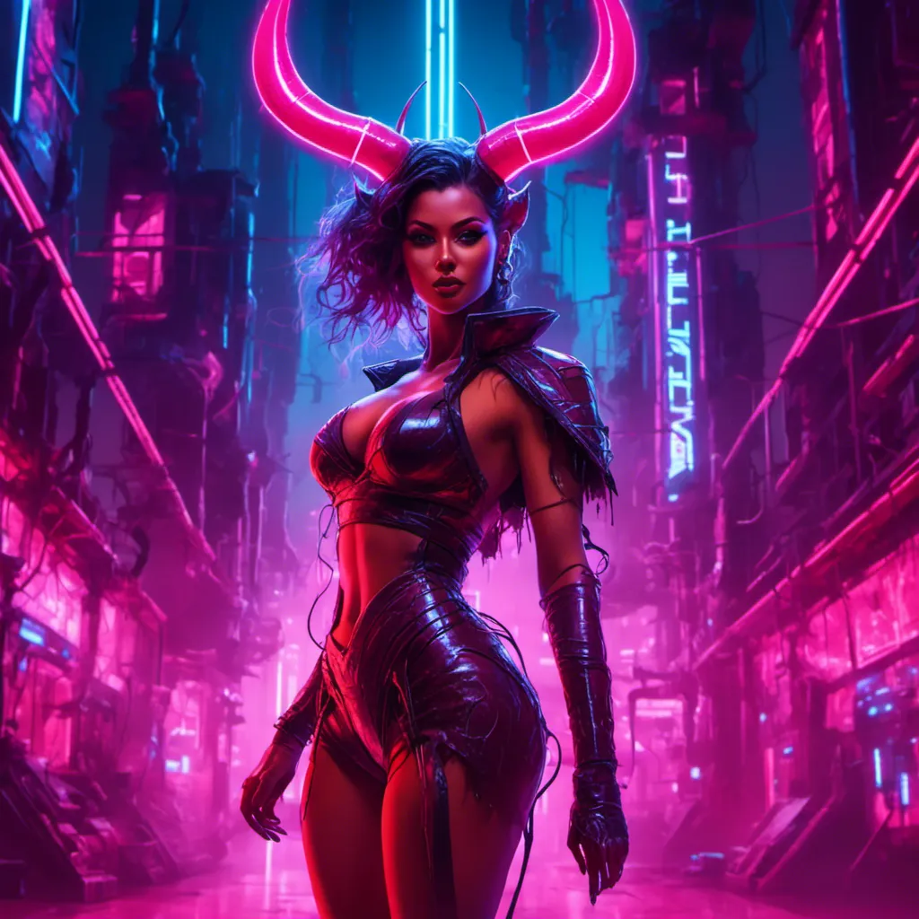 Prompt: a beautiful female demon in a dynamic pose in a retro futuristic synthwave cyberpunk neon paradise in <mymodel> style.  neon lighting, synthwave, cyber, retro, futuristic city atmosphere. 