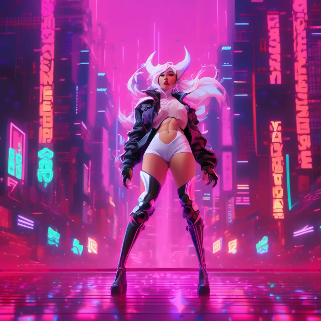 Prompt: a beautiful white female demon in a dynamic pose in a retro futuristic synthwave cyberpunk neon paradise in <mymodel> style.  neon lighting, synthwave, cyber, futuristic city atmosphere. 