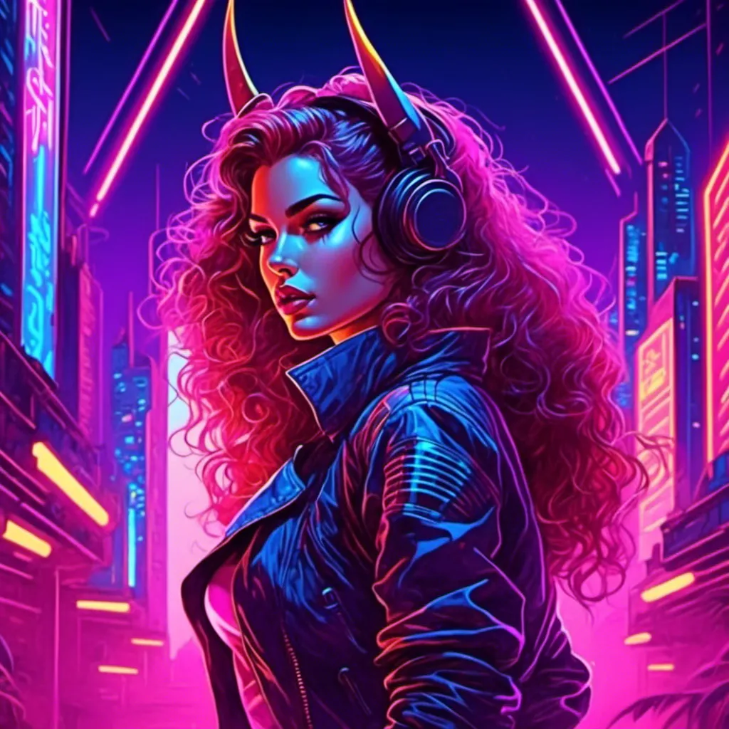 Prompt: a beautiful female demon in a dynamic pose in a retro futuristic synthwave cyberpunk neon paradise in <mymodel> style.  neon lighting, synthwave, cyber, futuristic city atmosphere. 