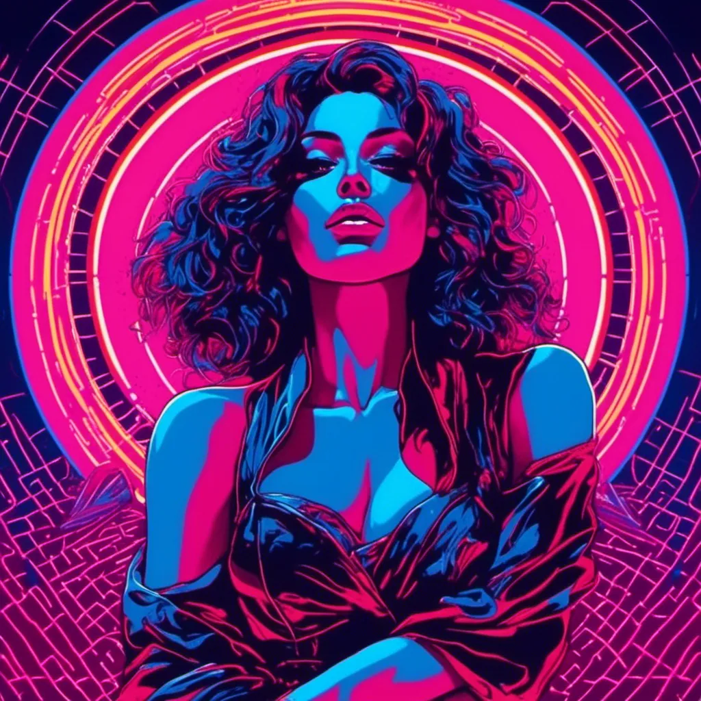 Prompt: a beautiful female demon in a dynamic pose in a retro futuristic synthwave cyberpunk neon paradise in <mymodel> style.  neon lighting, synthwave, cyber, futuristic city atmosphere. 