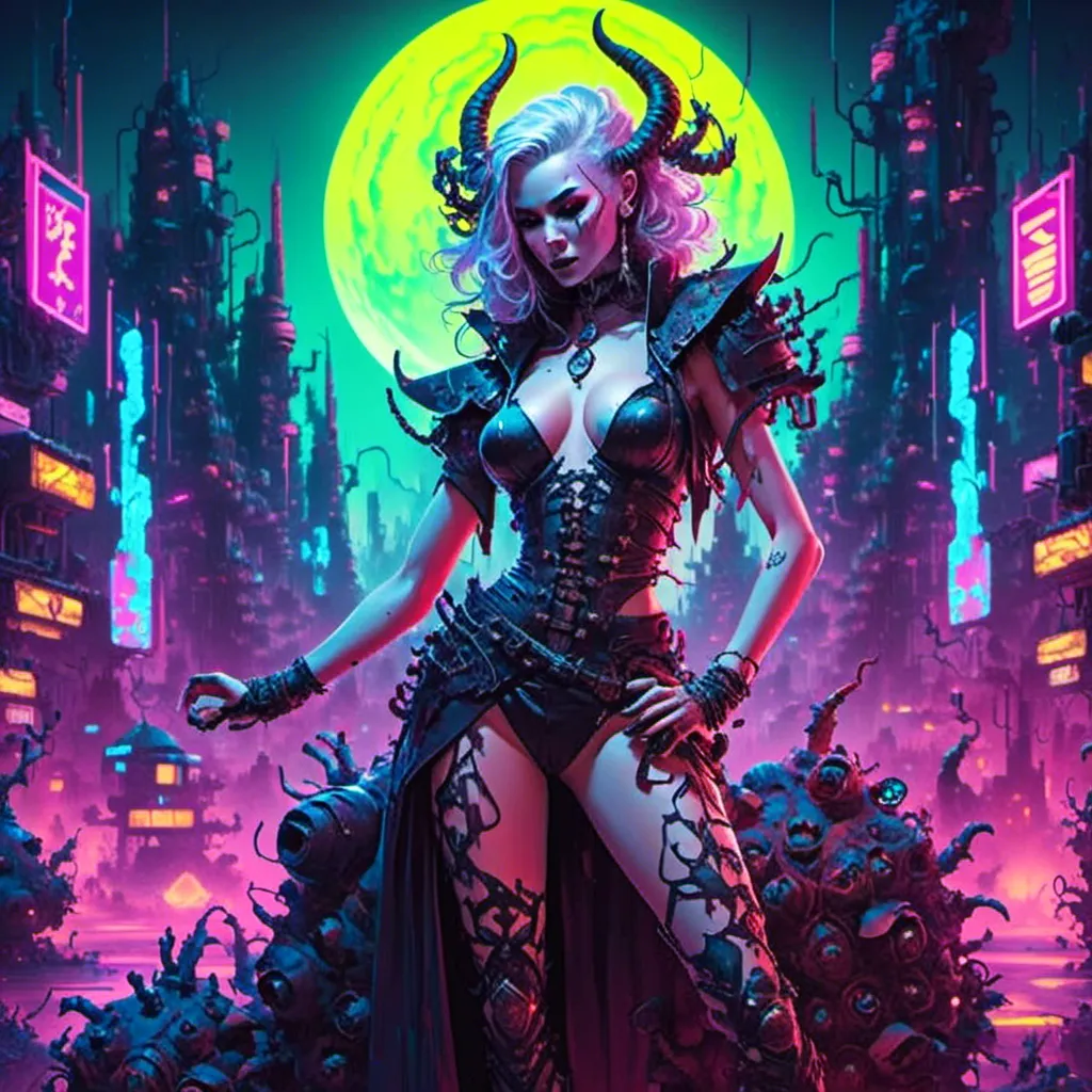 Prompt: a beautiful white female demon in a dynamic pose in a retro futuristic synthwave cyberpunk neon paradise in <mymodel> style.  neon lighting, synthwave, cyber, futuristic city atmosphere, art, illustrated, style. 