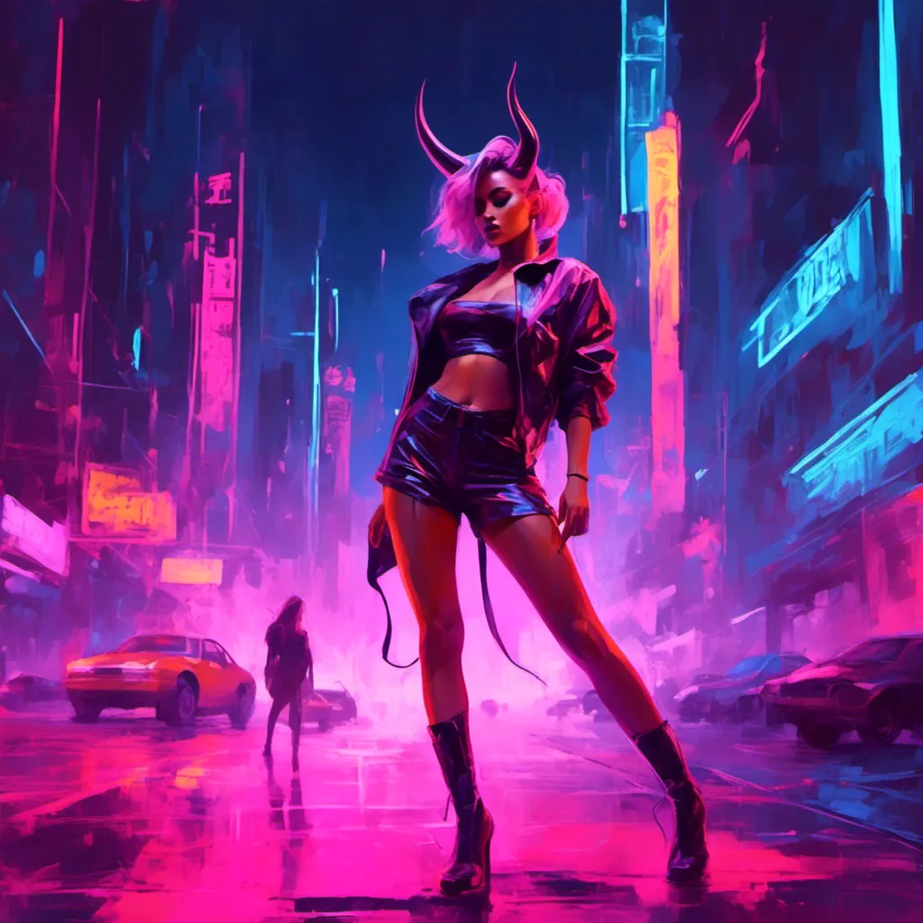 Prompt: a beautiful female demon in a dynamic pose in a retro futuristic synthwave cyberpunk neon paradise in <mymodel> style.  neon lighting, synthwave, cyber, retro, futuristic city atmosphere. 