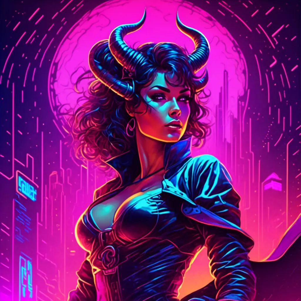 Prompt: a beautiful female demon in a dynamic pose in a retro futuristic synthwave cyberpunk neon paradise in <mymodel> style.  neon lighting, synthwave, cyber, futuristic city atmosphere. 