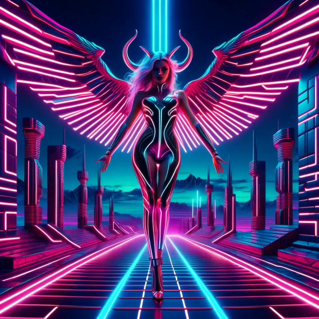 Prompt: <mymodel> a beautiful female demon in a dynamic pose in a retro futuristic synthwave cyberpunk neon paradise.  neon lighting, synthwave, cyber, retro, futuristic 