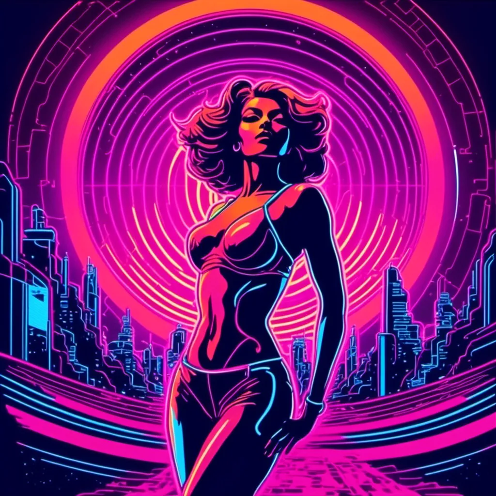 Prompt: a beautiful female demon in a dynamic pose in a retro futuristic synthwave cyberpunk neon paradise in <mymodel> style.  neon lighting, synthwave, cyber, futuristic city atmosphere. 