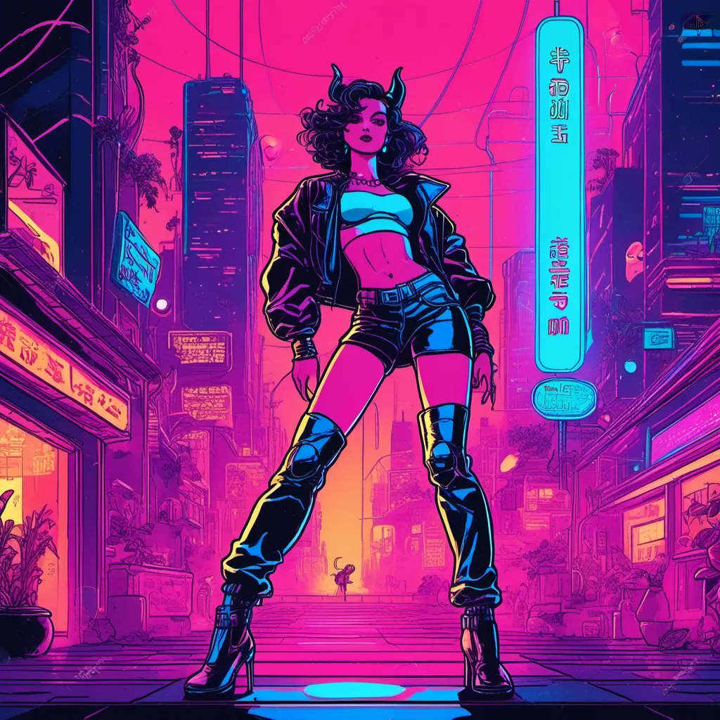 Prompt: a beautiful female demon in a dynamic pose in a retro futuristic synthwave cyberpunk neon paradise in <mymodel> style.  neon lighting, synthwave, cyber, futuristic city atmosphere. 