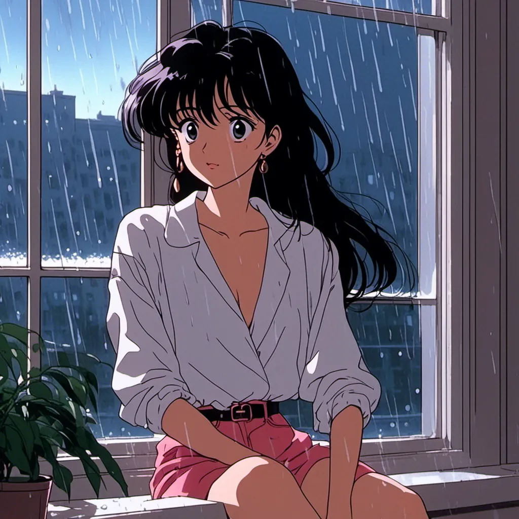 Prompt: <mymodel> anime aesthetic, expressive, cute, girl --niji 5, aethetic wallpaper style, aesthetic girl looking outside the window while rainy day, plain white waist exposing shirt with blackbra exposed, cozy living room, raining outside the window, beautiful cityscape