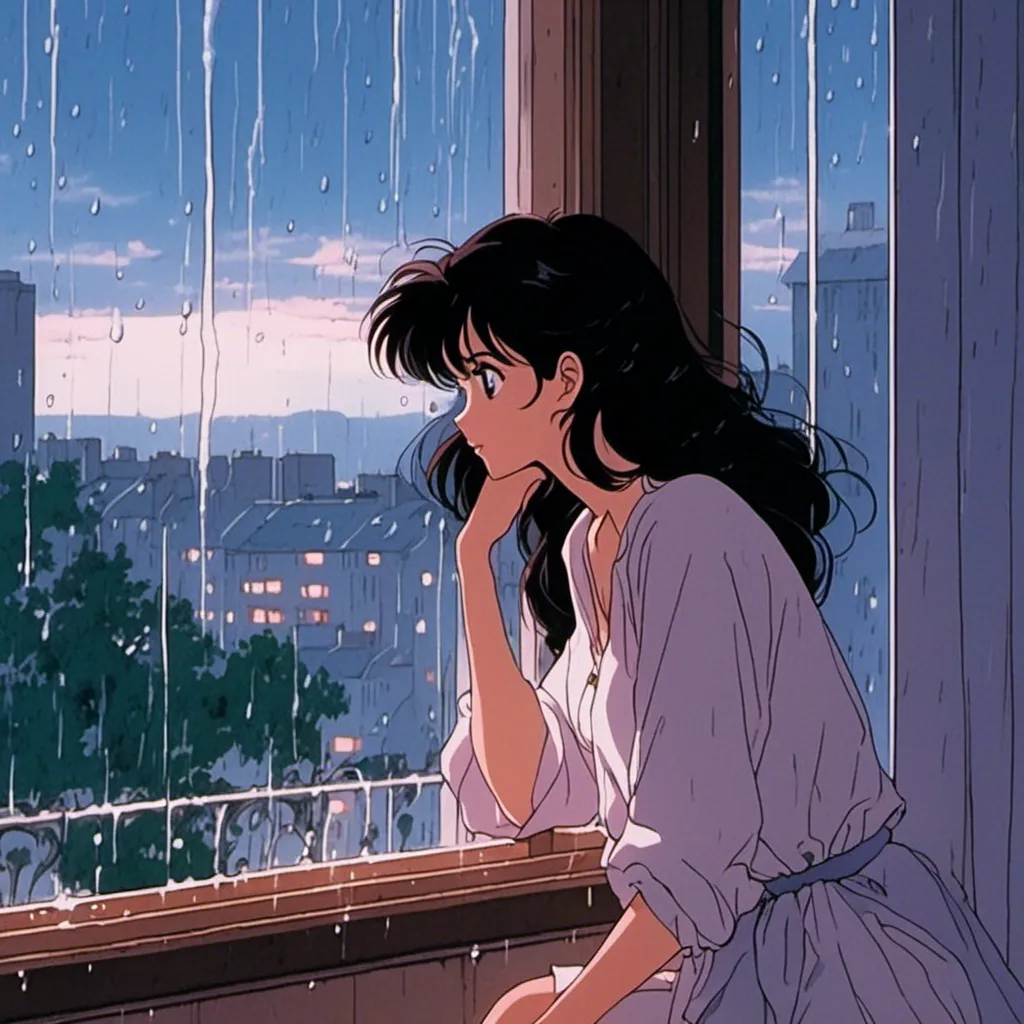 Prompt: <mymodel> 80s anime aesthetic, expressive, cute, girl --niji 5, aethetic wallpaper style, aesthetic girl looking outside the window while rainy day, plain white waist exposing shirt with blackbra exposed, cozy living room, w raining outside the window, beautiful cityscape