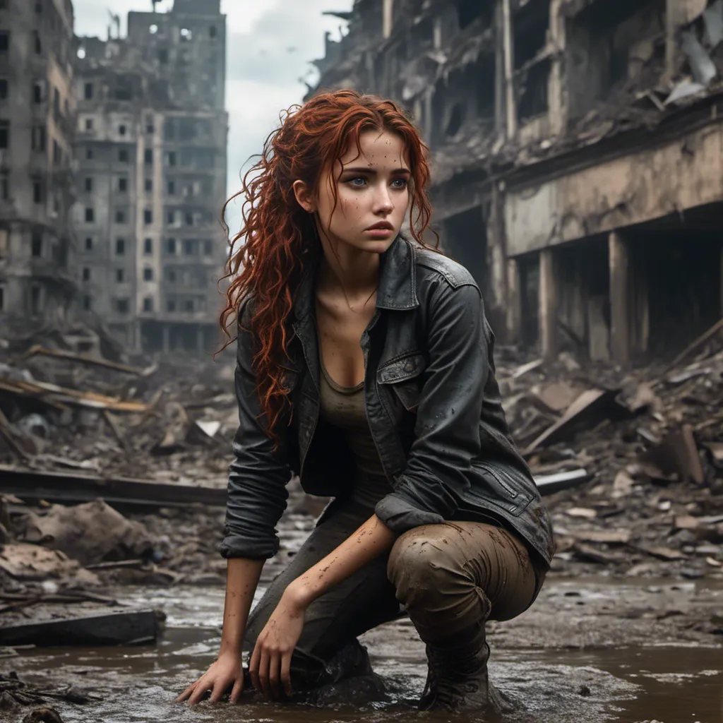 Prompt: <mymodel>(Masterpiece), highest quality, detailed, ultra_fotorealistic, 8K, future end-time panorama of a hardly destroyed devastated, flooded city after nuclear war, with destroyed skyscrapers in background, photo of an 24 year old end-time fighter, a survivor of a devastating nuclear war, she is exhausted and stands bent over, her hands resting on her knees. She looks around vigilantly, she is out of breath, she is sweating, she is dirty, scratched, rumpled and matted red, curly hair that has been completely shaved off one side of her head, her body is only scantily clad in torn, She wears a dirty, bloody bandage over an injury on her left forearm, the right lens of her red glasses is cracked, she carries arrows and a bow on her back and holds a large club in her right hand, for her self-defense. Her feet are in old, wet, stained suede boots. She is standing in a ruined room of a ruined stone house, with a large hole in the wall behind her. Through this hole in the wall you can see a destroyed, torn-up street with dead trees and a few wrecked Tesla cars. Everything is a half metres under dirty water, shimmering with oil. she squats in it, up to her tighs. full body shot from a distance, with background and foreground sceneryscenery. The sky is coloured blue-green