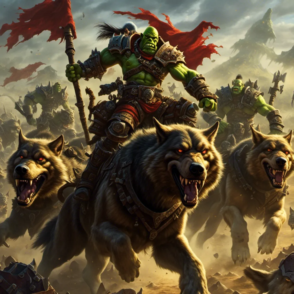 Prompt: <mymodel> six orc warriors riding armored wolves onto a dusty battlefield