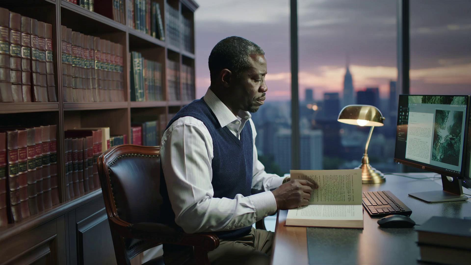 Prompt: A middle-aged black man dressed as a scholarly historian sits at a large wooden desk in a dimly lit, book-lined study on the top floor of a modern condominium. Floor-to-ceiling windows behind him reveal a sweeping cityscape at sunset, the sky glowing orange and purple behind silhouetted skyscrapers. Tall bookshelves packed with leather-bound volumes line the side walls. On the desk: a warm-glowing brass desk lamp, a stack of open and closed books with visible spine labels reading 'World History,' 'The Origin of Species,' 'The Lost Tribes of Israel,' 'Ancient Civilizations,' and 'Empires of Antiquity.' Two computer monitors sit side by side partly displaying archival documents and maps, alongside a sleek wireless keyboard and mouse all positioned for his use. The room has a moody, scholarly atmosphere — dim ambient light, warm lamp glow, shadows along the bookshelves, a mix of old-world academia and modern sophisticated tech setup. Photorealistic, cinematic lighting, shallow depth of field, 4K detail.