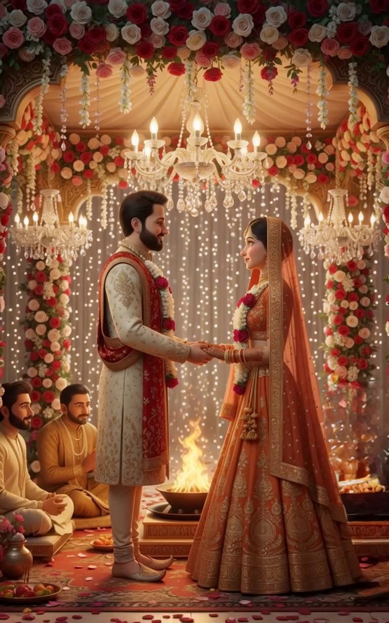 Prompt: Create a warm, Pixar-style 3D animated motion sequence set in a grand Indian wedding mandap. The mandap is decorated with white and red roses, marigold garlands, flowing fabric drapes, and softly glowing diyas. Golden fairy lights and gentle natural daylight blend together to create a sacred, romantic, and dreamy wedding atmosphere.

The bride and groom are standing at the center of the mandap, facing each other.
The bride is wearing a traditional red bridal lehenga with delicate jewelry and a soft bridal glow.
The groom is dressed in a classic sherwani with a matching stole and turban.
Both look calm, radiant, and emotionally connected.

At the beginning of the shot, they are standing a small distance apart, already facing each other, holding soft eye contact with gentle, peaceful smiles.

The camera begins to very slowly and smoothly move forward toward the couple.
The movement is cinematic and stable — no shake, no jerks, no vibration.
All flowers, lights, drapes, and decorations remain perfectly still.

As the camera continues moving closer, the bride and groom slowly extend their hands toward each other. Their movement is graceful, natural, and romantic. Their fingers gently meet and then softly interlock as they hold hands.

They keep looking into each other’s eyes, their smiles becoming slightly brighter and more emotional as they stand connected, hand in hand, at a close distance.

No extra motion anywhere:
	•	No moving flowers
	•	No flickering lights
	•	No background movement
	•	No camera shake

Only:
	•	slow cinematic camera push-in toward the couple
	•	gentle hand-holding
	•	soft romantic eye contact

Total duration: 5 seconds
Overall feel: sacred, romantic, elegant, warm, smooth, dreamy, cinematic, Pixar-style 