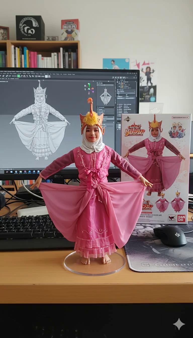 Prompt: @KevinJulian:Nure two hand gently pick up the figure on the frame and rotate it slightly for inpection.the model in the packaging box remain stationary,while all other background elements stay unchanged.