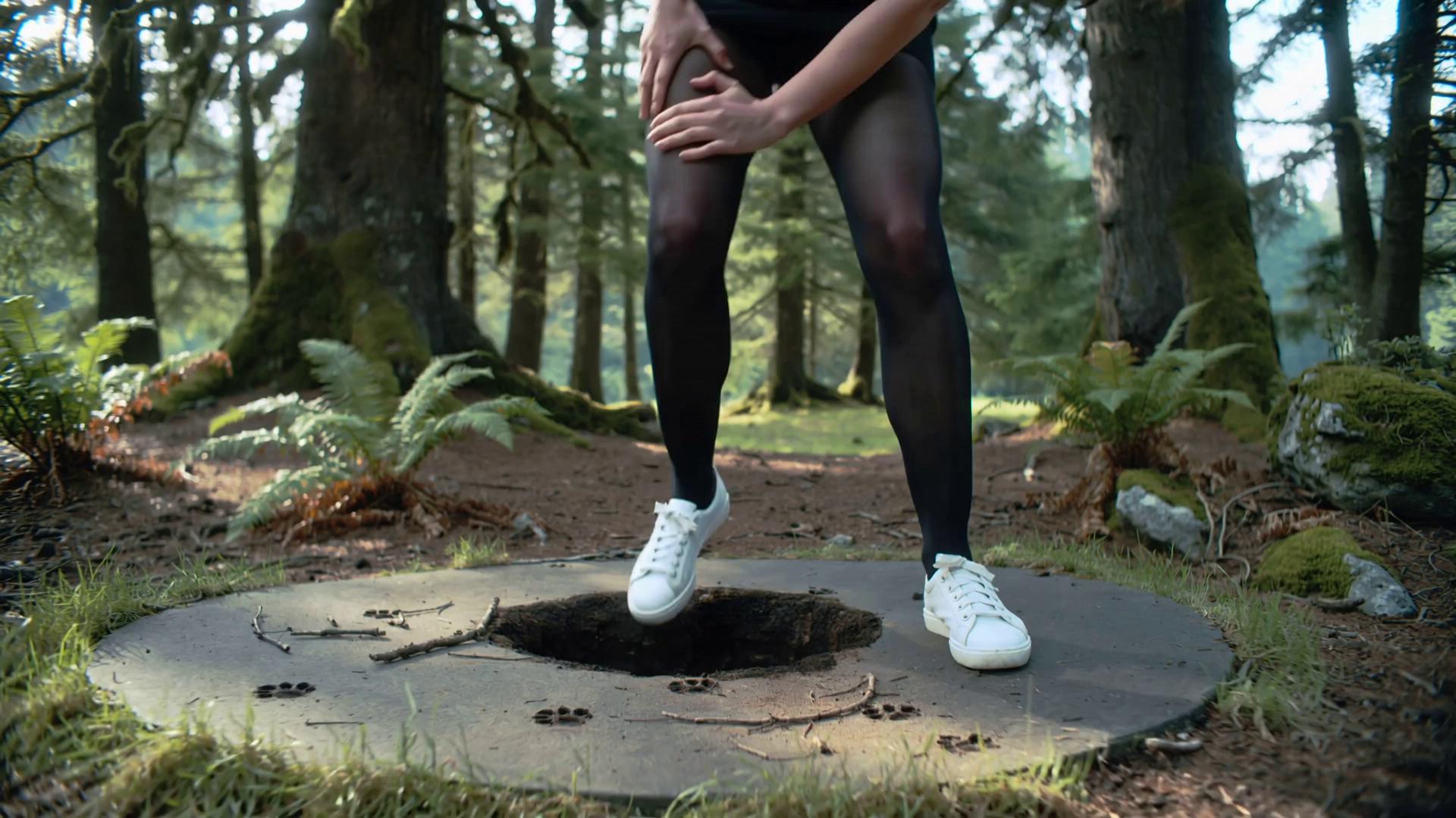 Prompt: a beautiful lone standing woman in black tights and sneakers in the woods with one foot stuck inside a small rabbit hole on flat round. she's trying to get her foot out but cant.