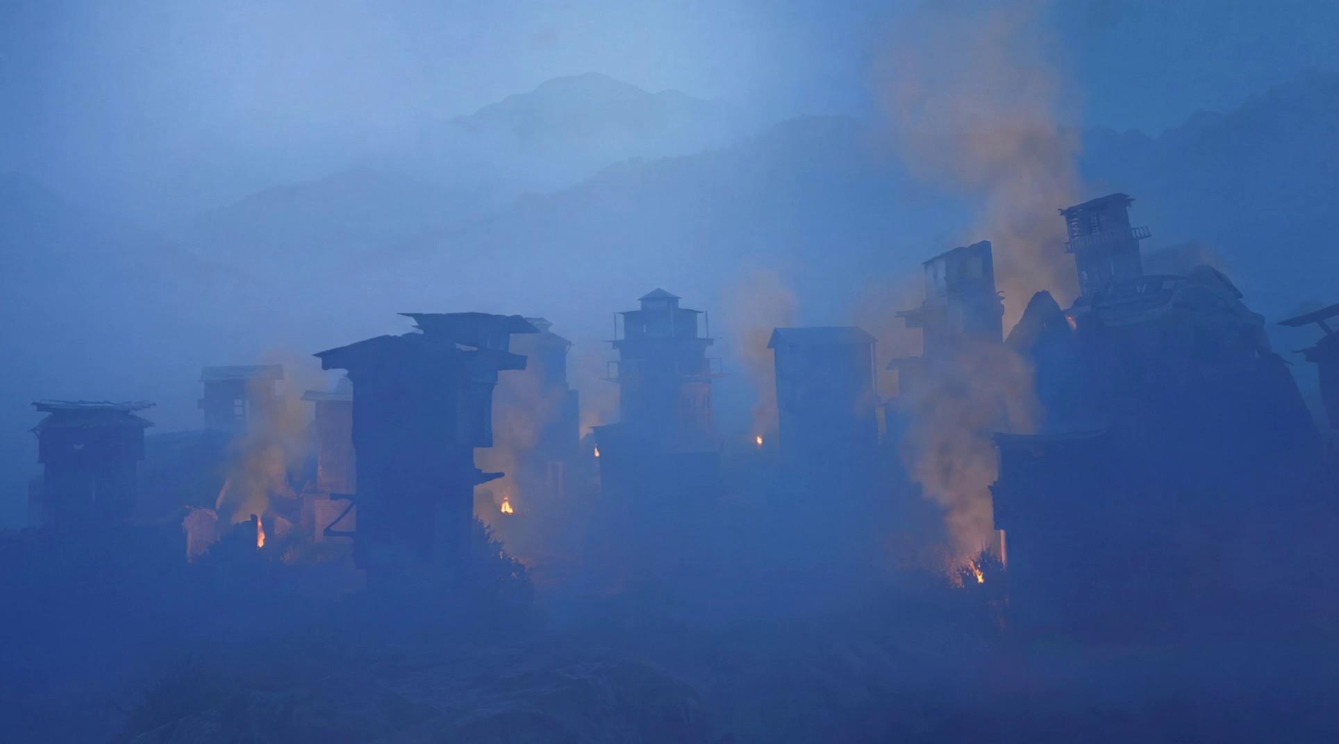 Prompt: Animate the scene without moving the camera at all. Don't change any lighting effects and just keep the scene static and normal with little little  fire and no explosions.