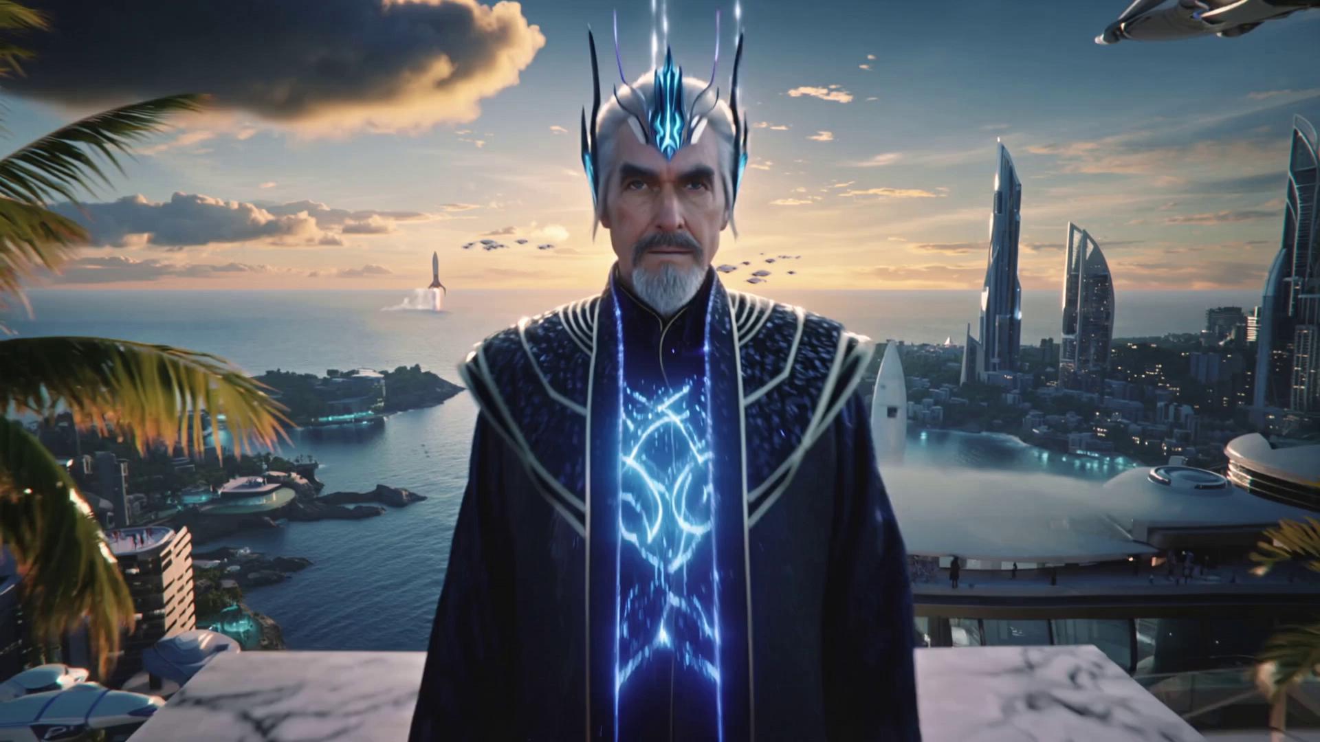 Prompt: ltra-detailed cinematic artwork of a futuristic tropical empire ruled by a supreme technocrat emperor standing on a high marble balcony overlooking a radiant ocean sunset. The capital city stretches along the coast — a blend of sleek glass skyscrapers, floating platforms, quantum data towers, and a massive spaceport launching rockets into orbit. Palms sway beside AI-controlled villas with glowing neural cores. Dozens of advanced startups operate in futuristic laboratories powered by quantum computers. The emperor wears regal high-tech robes with holographic patterns, a cyber crown, and an aura of digital authority. Diverse people of all races enjoy luxury, science, and freedom under the golden light. Flying drones, neon reflections, algorithmic trading screens projected on clouds, and satellite launches on the horizon. Hyperrealistic style, golden color palette, cinematic lighting, 8K, masterpiece, technocratic utopia, tropical paradise.