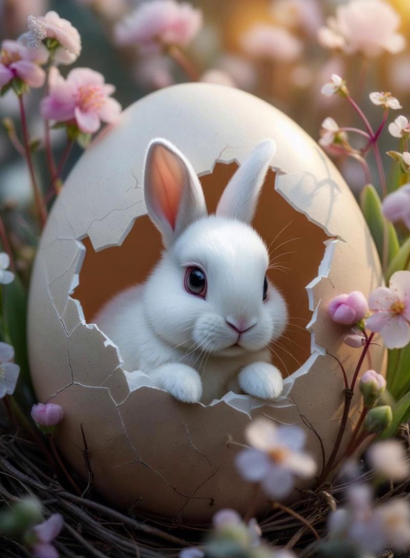 Prompt: The bunny jumps out of the eggshell, the bunny looks straight into the camera, everything around comes to life.realistic