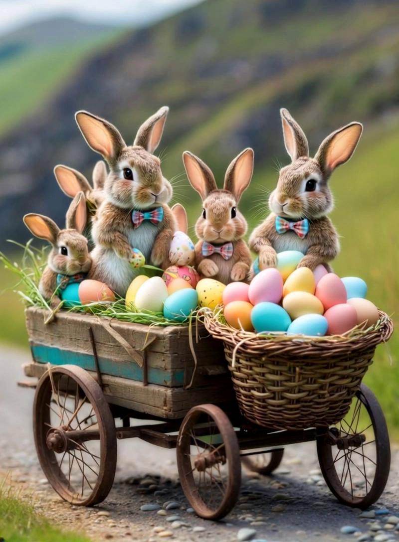 Prompt: A whole family of bunnies rides a bicycle directly towards the camera through a meadow among spring flowers at a medium pace, they carry painted eggs on it, everything around comes to life.everything around comes to life.Realistic 