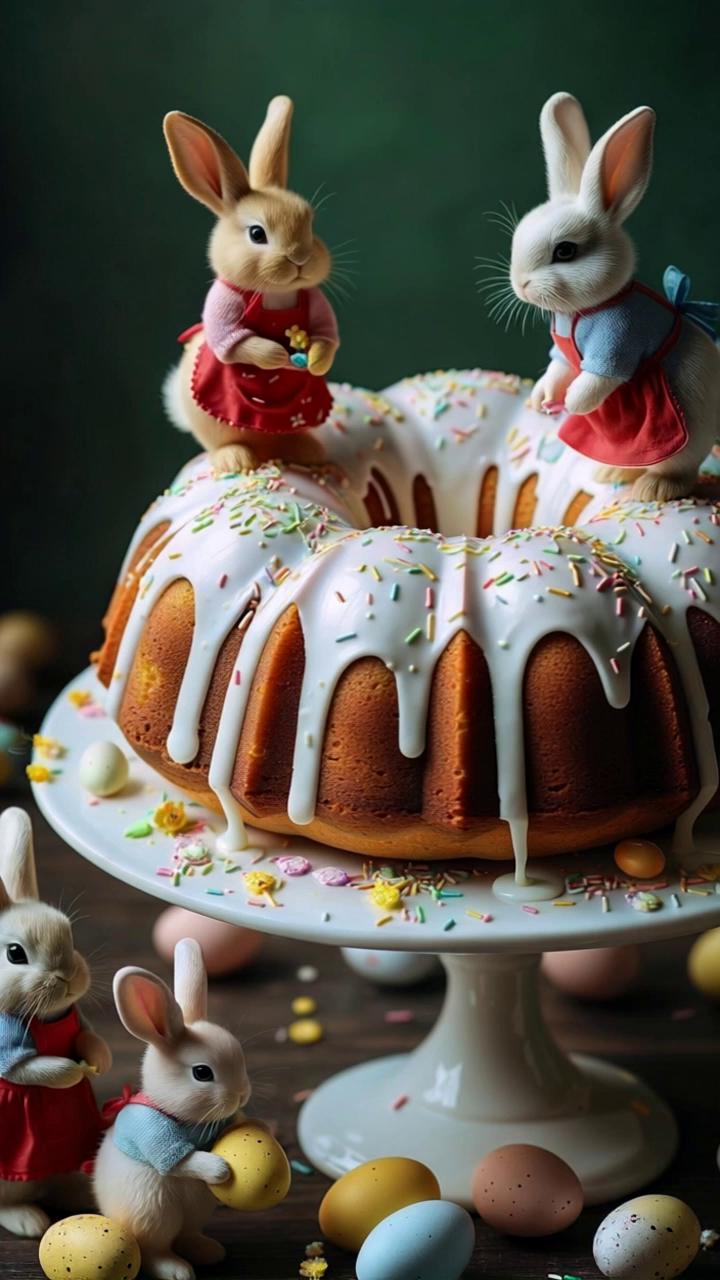 Prompt: "Cute rabbits in aprons decorate Easter cakes with white icing and colored sprinkles, like real confectioners, surrounded by Easter eggs, a wooden table, a festive atmosphere, soft natural light."everything around comes to life.Realistic 
