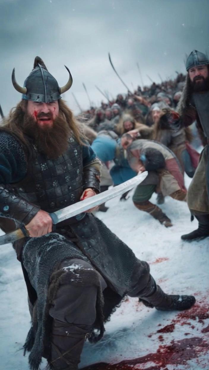 Prompt: Amidst a blizzard and fierce battle, a Viking in heavy chain mail and covered in blood delivers a powerful blow with his sword to his enemy, a stocky warrior in a horned helmet. The blade cuts through the armor, and the enemy, writhing in pain, falls screaming into the bloody snow. His sword slips from his hands, and blood pulses from the wound. Behind him is a frantic attack, rage in the eyes of the fighters, the dull thud of weapons, and screams that pierce the frosty air.”realistic 