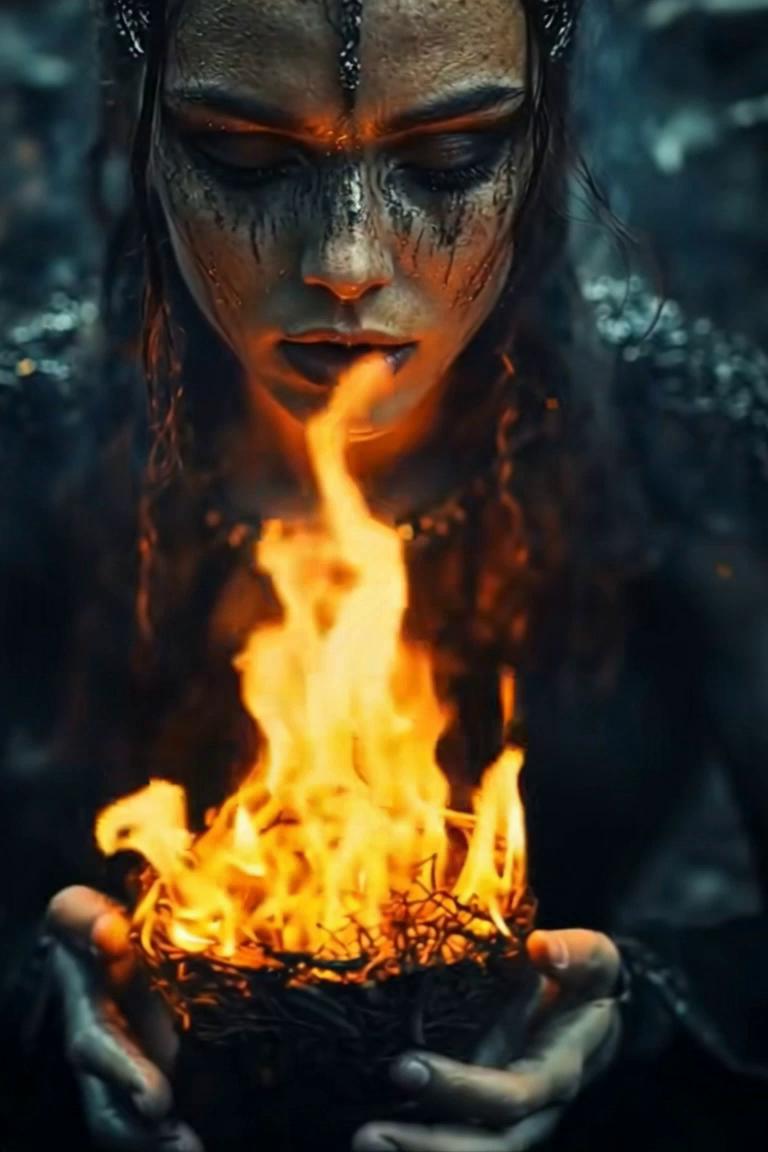 Prompt: A Viking shaman girl raises a bowl of fire above her head, the fire goes out and turns into blood in the bowl.