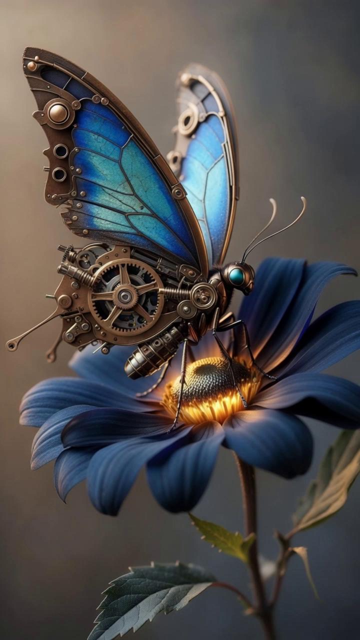 Prompt: A cinematic close-up of a steampunk butterfly with glowing blue mechanical wings and rotating brass gears, perched on a deep blue flower with a golden glowing center. Its gears slowly spin as it absorbs energy — a transparent capsule in its chest pulses with light. The flower gently sways in the breeze. The camera slowly zooms out, revealing a vast field of similar glowing blue flowers. The lighting is soft and warm, capturing the golden hour glow. Magical light particles float in the air, and the metallic elements shimmer. At the end of the scene, the butterfly spreads its wings and gently takes flight, leaving a glowing trail behind. The camera slowly follows it as it rises into the sky. Magical realism, high detail, soft camera movement, cinematic fantasy atmosphere.

