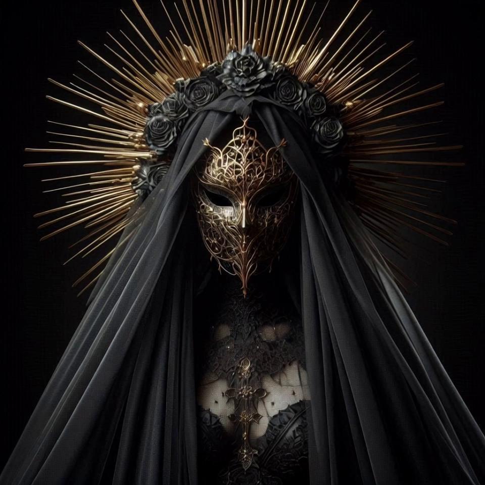 Prompt: The Queen of Darkness walks through the castle as if on a podium, the rest of the Queens and Kings of Darkness have gathered around her. Everything around is mystical, candles are lit all around.Realistic 
