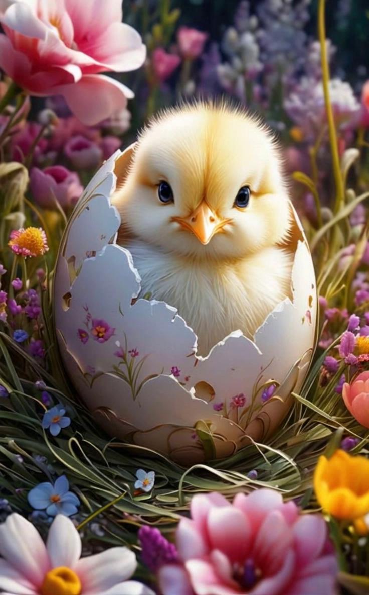 Prompt: A yellow chick sits in an egg and looks straight into the camera, everything around comes to life.Realistic 