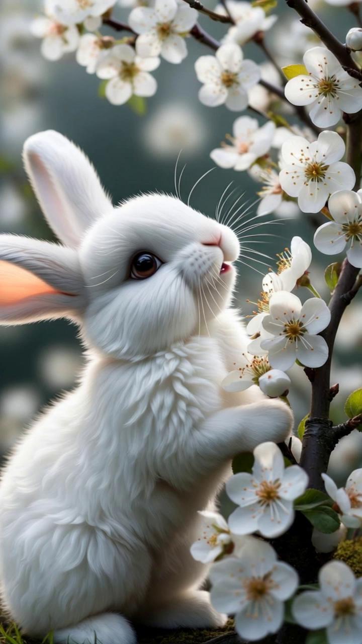 Prompt: A white and fluffy bunny with big ears sits among the flowers and sniffs a branch, it will bloom in the spring.Realistic 