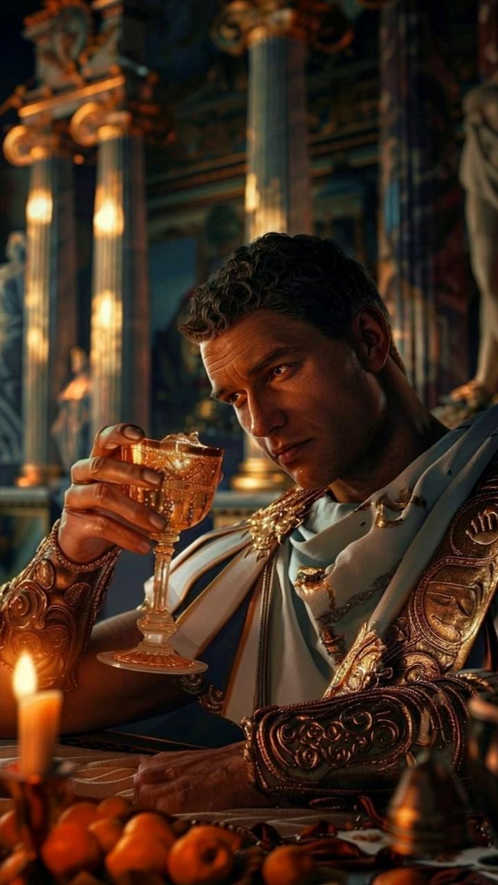 Prompt: The emperor sits thoughtfully drinking wine and thinking about which of the gladiators will win.Made with realistic .without blurry 
