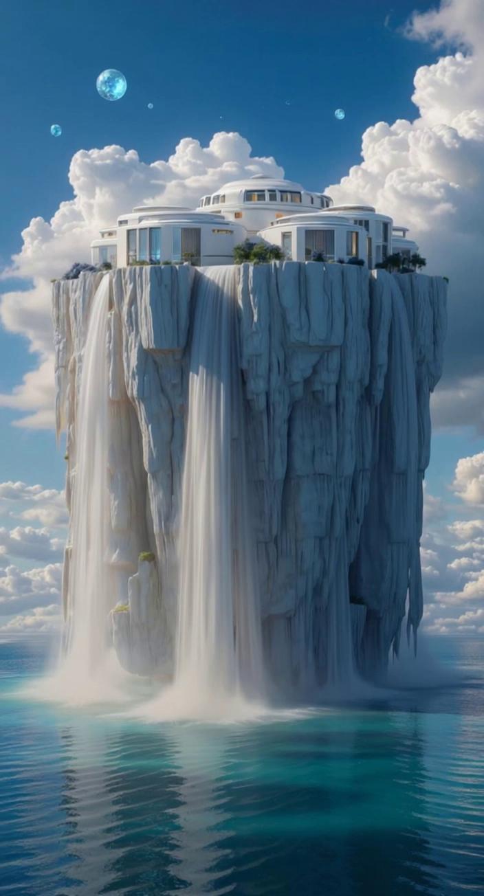 Prompt: Ultra-realistic cinematic scene: a white futuristic circular building sits atop a massive cliff among the clouds. From the cliff’s edges, powerful waterfalls cascade downward, captured in full motion — streams of water visibly falling, breaking apart into mist, splashing on rocks below, and forming gentle waves and shimmering spray. Light dances across the falling water, giving it a magical, translucent glow.

Above, a glowing planet flies slowly across the sky, leaving a radiant trail. From it, magical glowing pollen falls and gently lands on the water, creating soft glowing ripples. A flock of white and light blue birds flies past. The drone-style camera slowly circles around the cliff, capturing everything — the motion of the waterfalls, drifting clouds, falling stardust, and flowing light — from multiple cinematic angles.
