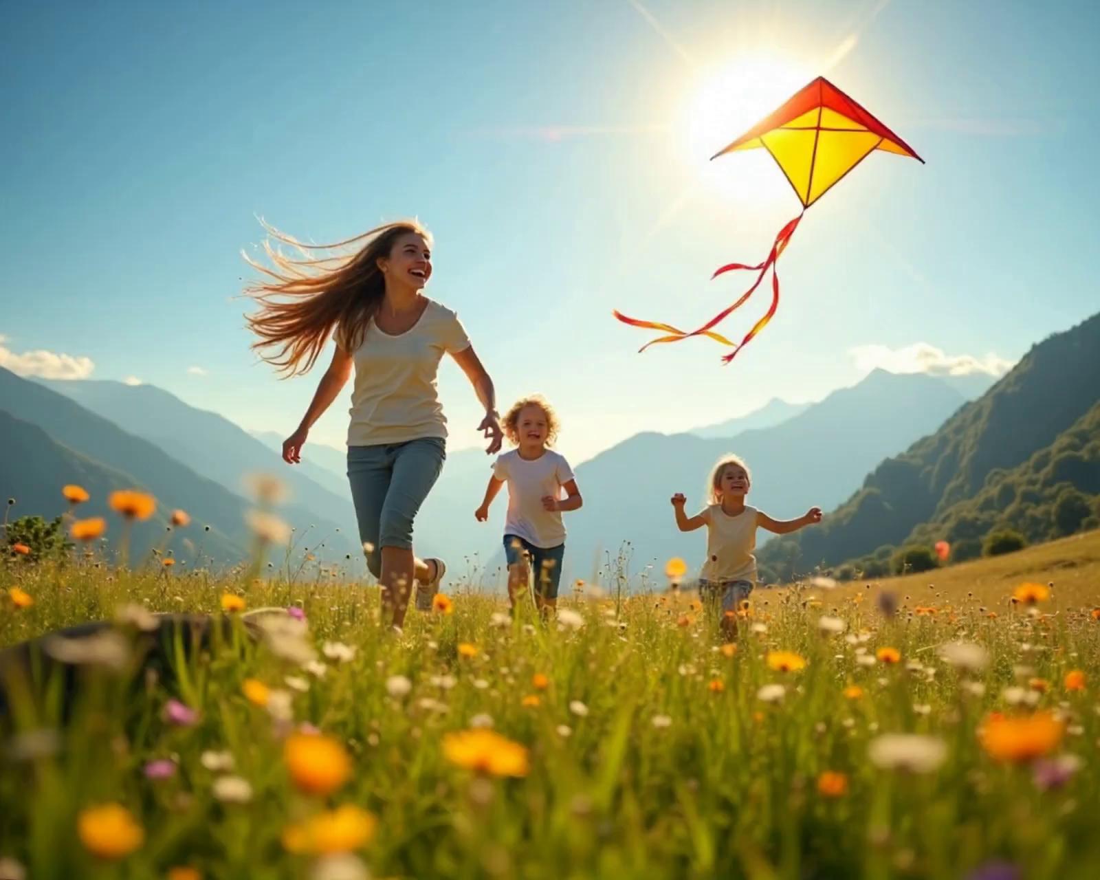 Prompt: Mother and children flying a kite