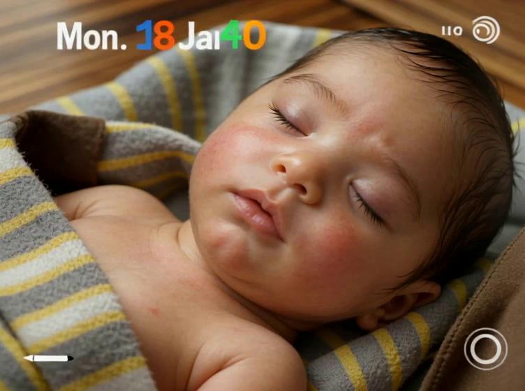 Prompt: This is a photograph of a sleeping infant with a content, peaceful expression. The baby has a light brown complexion and is swaddled in a soft, gray and yellow striped blanket with a brown corner peeking out. The infant's eyes are closed, and their cheeks are slightly flushed. The background is blurred but shows a wooden surface, likely a crib or changing table. The upper part of the image displays a digital clock interface, showing "Mon 19 Jan" in white text and the time "8:40" in colorful, large numbers with green for the eight and orange for the forty. The interface also includes battery and signal icons in the top right corner. In the bottom left corner, there is a circular icon resembling a white pen, and in the bottom right, a circular camera icon. The overall texture of the image is soft and warm, emphasizing the coziness of the baby's sleep. The lighting is gentle, highlighting the baby's peaceful face and the softness of the blanket.