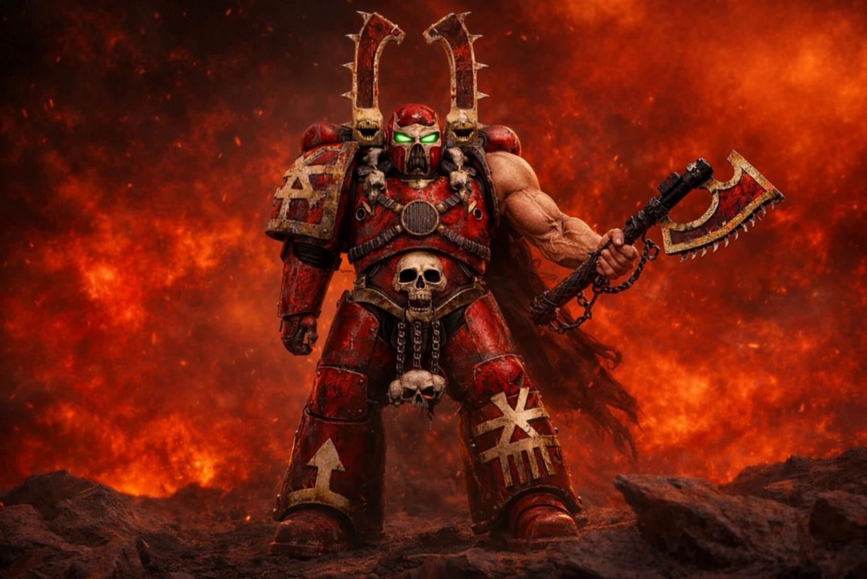 Prompt: Character walks off screen with Axe raised high then deep red flames cover the screen, as they fade they reveal the EXALTED logo