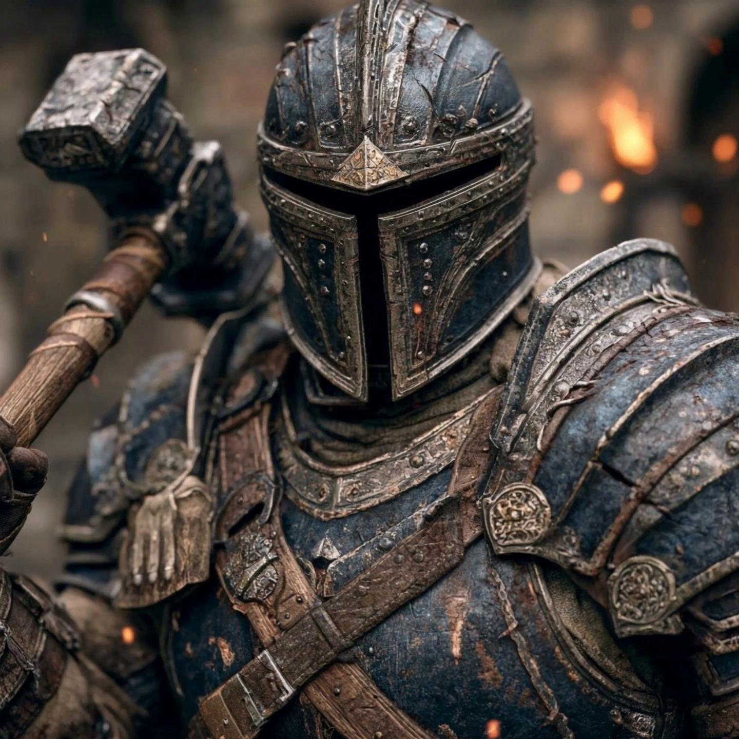 Prompt: POV shot, medieval knight raises a heavy war hammer and swings directly at the camera, hammer hits the screen, glass shatters across the frame, cracks spread over the lens, explosion of shards, sparks and dust, brutal impact, cinematic, hyperrealistic
