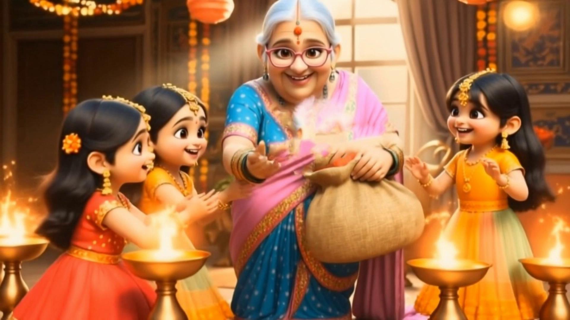 Prompt: Create a 3D cartoon-style cinematic Diwali celebration scene in Nani's glittering house, decorated with diyas, fairy lights, and marigold flowers.

Tiny colorful sparklers and firecrackers begin to burst.

The room fills with warm golden light, glitter, laughter, and background music.

Camera Direction:
Full-round shot, slowly panning forward, showing the entire family surrounded by glowing diyas and twinkling lights.

Add the effect of flickering sparklers in slow motion.

Lighting:
Warm golden hues, with the gentle flickering of diyas and firecrackers, fall on faces.

A soft cinematic glow surrounds Nani's sari and the children's bright festive attire.

Emotion: Heartwarming, joyful, filled with love, laughter, and family bonding—a perfect emotional Diwali moment.

Style: 3D cartoon realism, cinematic lighting, emotional expressions, bright and colourful Indian festive colours.