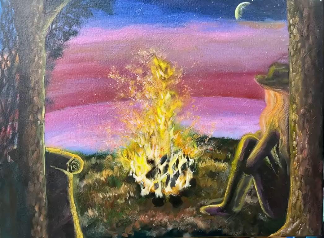 Prompt: The camper start a camp fire in the dusk, the fire burns and the starry night blinks. The background sounds of firewood burning and crickets chirping. 