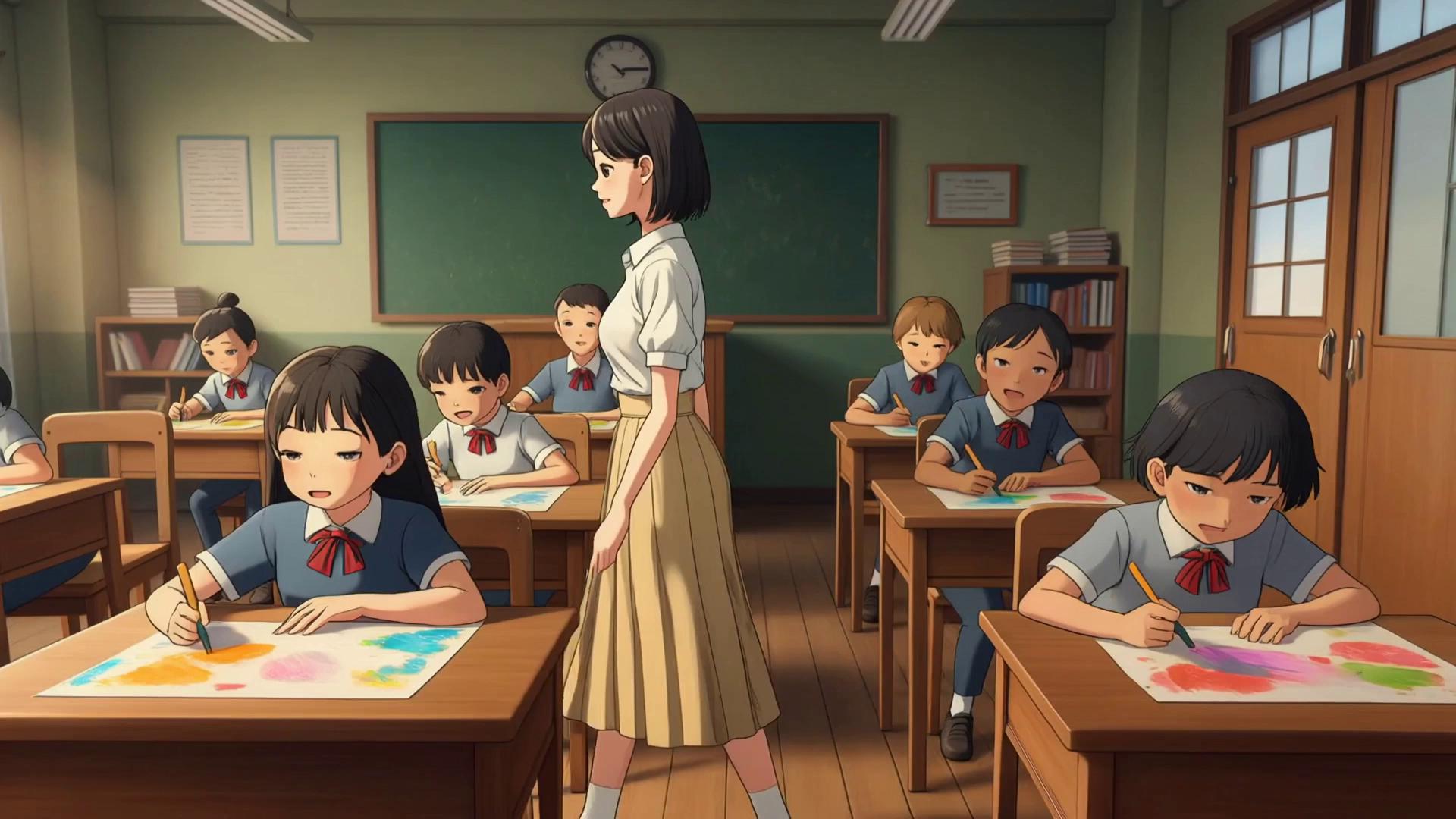 Prompt: There are young school children seated individually at wooden desks in a modest colonial-era classroom in Singapore. Each child is painting using crayons with focus and joy. The teacher @image-1768637055527-1 walks between them, observing quietly. The children are representative of the Chinese, Malay and Indians in Singapore. The mood in the classroom is happy.