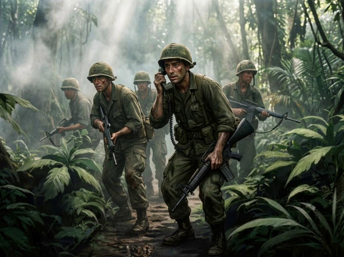 Prompt: cinematic gritty Vietnam-era jungle scene, U.S. soldiers moving cautiously through dense green foliage, humid air, fog hanging low, muddy boots, tired faces, dramatic natural lighting, film-grain grindhouse style, low-angle camera, suspenseful atmosphere, no visible wounds, no gore, visual storytelling, high detail, realistic textures, muted colors, emotional and tense, dramatic composition