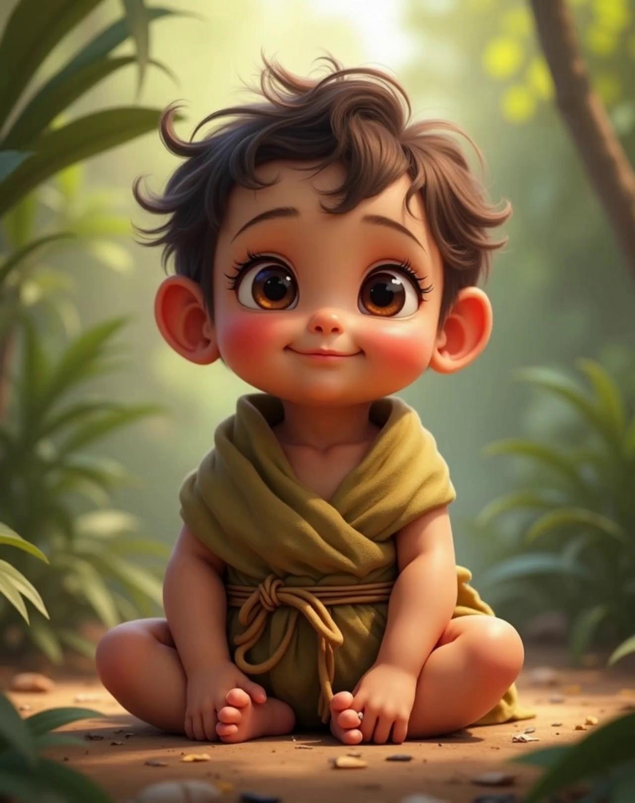 Prompt: Mid-morning light streams through the jungle canopy, casting warm yellow dappled patterns across a leafy feeding area outside the treehouse. Zuzu, a clearly human 6-month-old baby with tan skin, chubby cheeks, and hazel eyes, is seated safely in a moss-lined “high chair” woven from vines and branches.

Tiko, energetic and curious, hands Zuzu a peeled banana. Zuzu grabs it — squish! Banana mush goes all over their face. Tiko bursts into giggles.

Zana proudly cracks open a coconut and offers it. Zuzu sniffs it, makes a comical “yuck!” face, and turns away. Zana looks shocked and dramatically slumps.

Bongo calmly mashes jungle berries into a leaf bowl. He spoons a bit toward Zuzu, who tries it — and grins wide.

Zuzu claps, mouth and cheeks messy with berry juice, giggling joyfully. A few birds fly past in the background, and the chameleon from Episode 6 peeks from a branch, color-shifting with Zuzu’s laughter.

Final wide shot: the chimps cheer and toss fruit gently into the air as Zuzu happily smacks berry-covered hands together.

