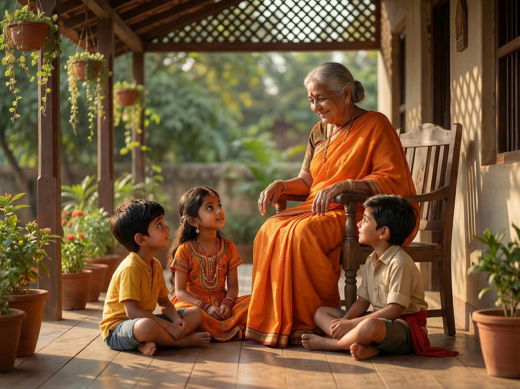 Prompt: Evening. Soft light. Three grandchildren around Daadi Maa and very curious to listen a new story from her 