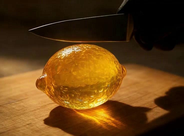 Prompt:  Shot in extreme macro perspective, a flawless, crystal-clear, and detail-rich yellow colored glass lemon rests on a wooden cutting board and sunlight casts a warm glow, creating a dramatic shadow. The camera captures the shimmering highlights and rainbow-like prismatic flares on the surface of the glass lemon. A black gloved hand holding a knife is poised above the glass lemon, with the blade reflecting light. The overall composition is centered, with the glass lemon as the focal point, and the background is softly blurred, emphasizing the subject's vivid colShot in extreme macro perspective, a flawless, crystal-clear, and detail-rich yellow colored glass lemon rests on a wooden cutting board and sunlight casts a warm glow, creating a dramatic shadow. The camera captures the shimmering highlights and rainbow-like prismatic
