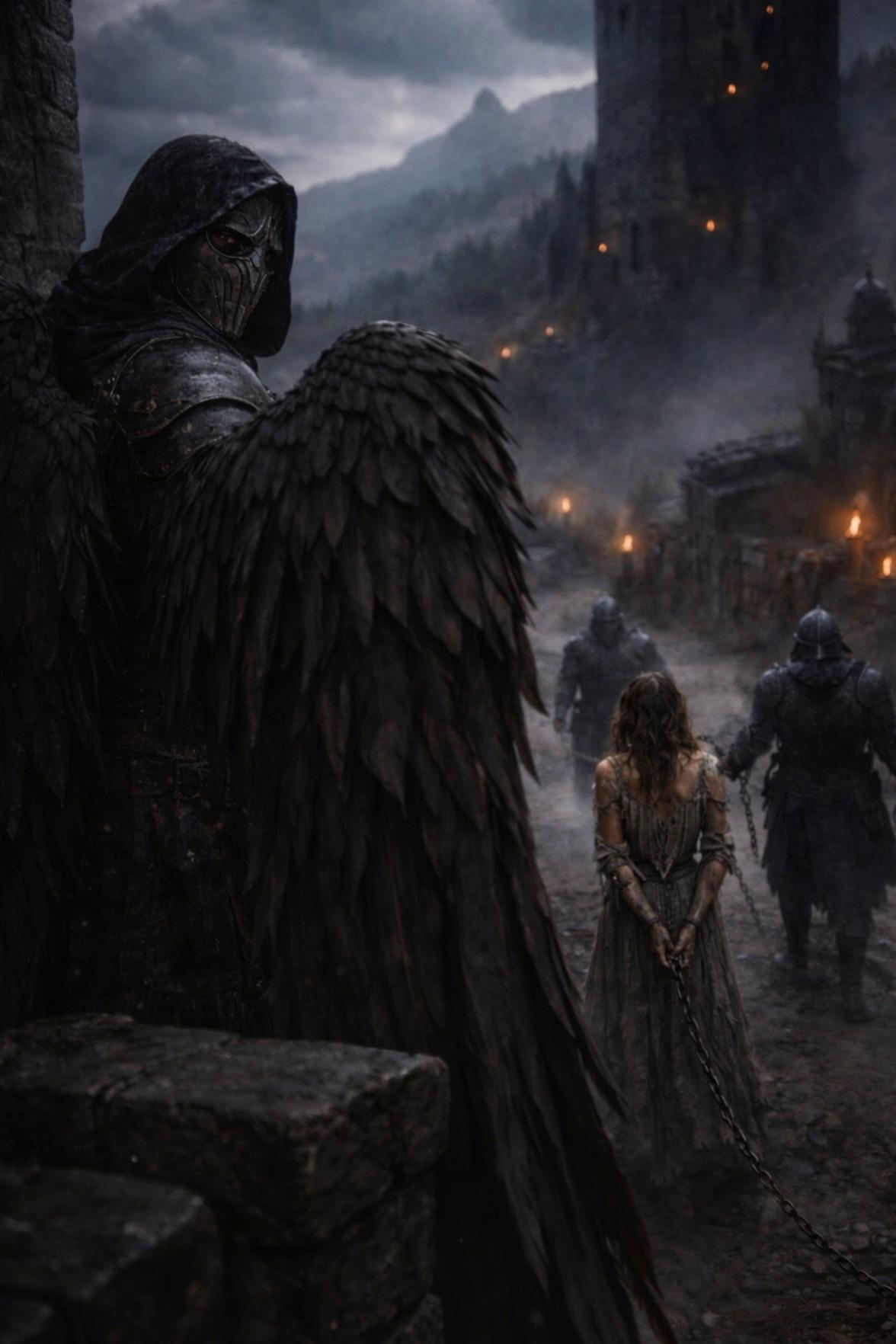 Prompt: Create a TikTok video using two cinematic images. Start with a dramatic medieval fantasy scene showing a chained woman being escorted by armored guards, observed by a dark, winged figure. Transition smoothly to a close-up of the masked figure shedding a single tear. The tone is emotional and mysterious. Use epic, emotional music and slow, cinematic transitions. The message is about silent pain and impossible choices.