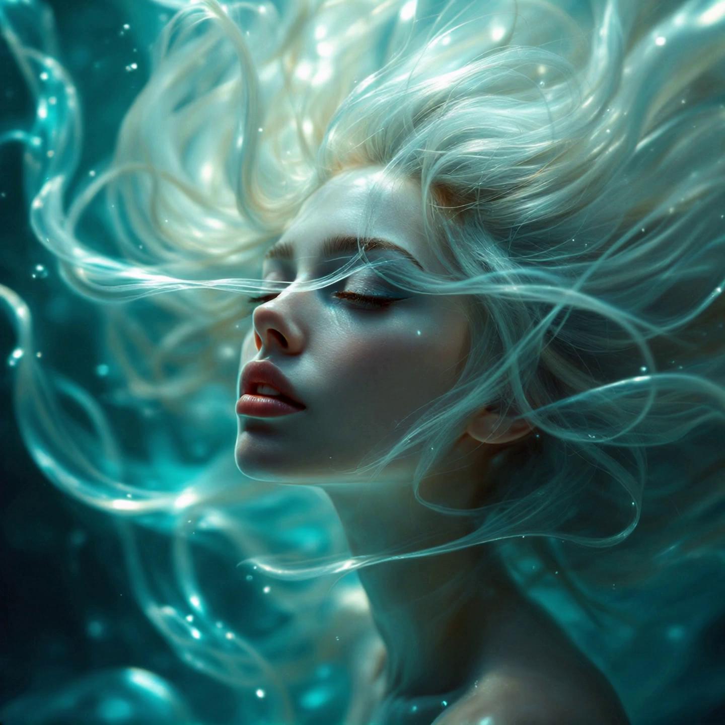 Prompt: A divine woman with flowing silver-blonde hair slowly awakens in soft, glowing water. Her eyes remain closed, but her breath deepens as particles of light gather around her. She floats gracefully in a weightless quantum field, surrounded by waves of turquoise and shimmering strands of stardust. Time feels suspended. As she embraces the moment, her chest begins to glow—an activation at the zero point of a new timeline. Ethereal symbols and codes flow into her like a celestial download. She rises through layers of light, her motion elegant and slow, moving toward a distant golden ring gate suspended in glowing clouds. The ring pulses with energy, opening as she approaches—welcoming her into the next dimension. Cinematic soft glow, dreamlike realism, mystical atmosphere, divine feminine ascension, quantum soul motion.

