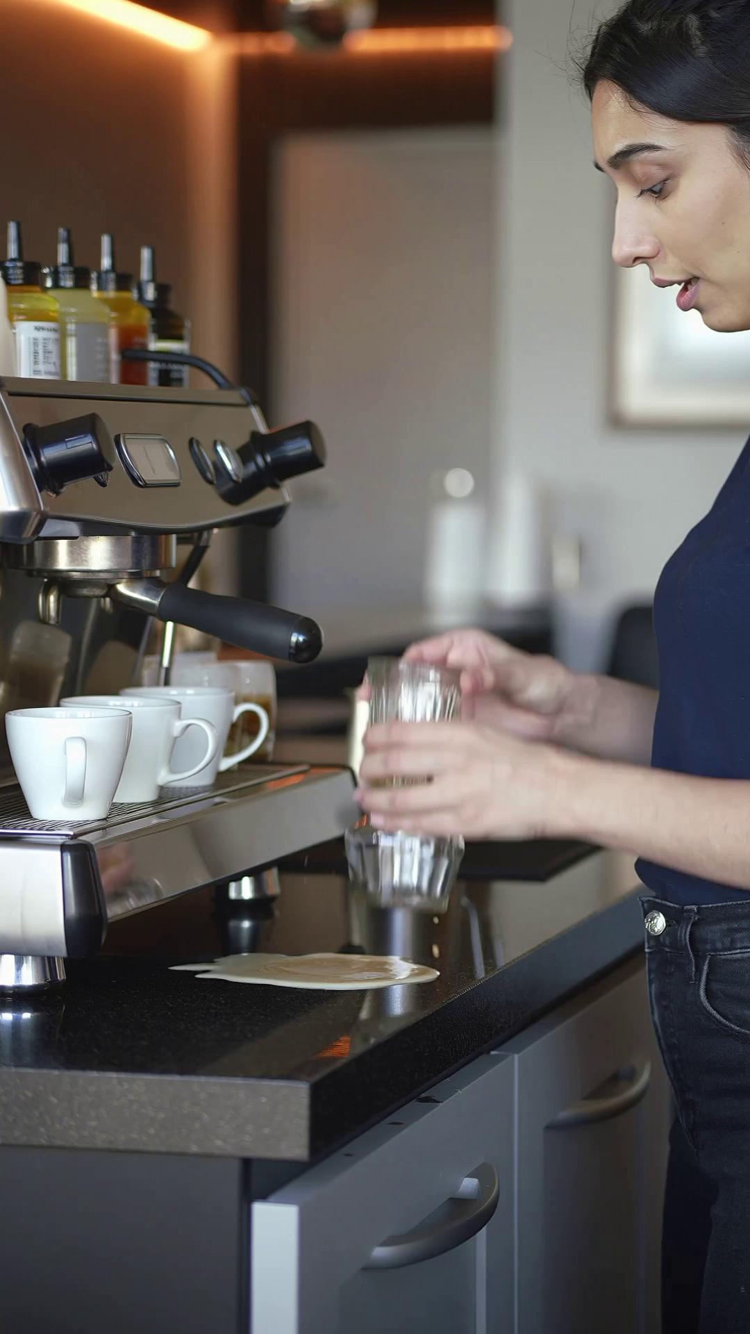 Prompt: A realistic, high-quality video inside a cozy, modern café with warm lighting. A young female barista, wearing a navy-blue short-sleeve shirt and dark jeans, stands behind a black countertop beside a professional espresso machine. The background includes shiny metal milk jugs, bottles of syrups, and stacked coffee cups.

On the counter in front of her is a freshly made latte in a clear glass cup with latte art on top. She picks up an empty identical glass, carefully places it upside down on top of the latte glass, and gently presses it to seal them together. The barista then tilts and rotates the stacked glasses, attempting to flip them so the coffee moves into the top glass.

The camera is steady, focused closely on her hands and the coffee glasses, with a shallow depth of field for a cinematic look. The lighting is soft, natural, and warm.

As she flips the glasses, the coffee suddenly spills everywhere across the counter, creating a realistic splash effect and dripping liquid. The barista looks surprised but slightly amused.

The final shot shows the messy counter covered in spilled latte, one glass still upright, the other toppled over, with reflections of the café lights on the wet surface.

Style: 4K, ultra-sharp, photorealistic, natural lighting, realistic motion, cinematic color tone.
Camera angle: Eye-level, fixed close-up framing on the action.
Mood: Lighthearted, realistic café atmosphere.
Sound design (optional): Subtle café background noise, espresso machine hum, soft clinking of glass, and the sound of liquid spilling.
