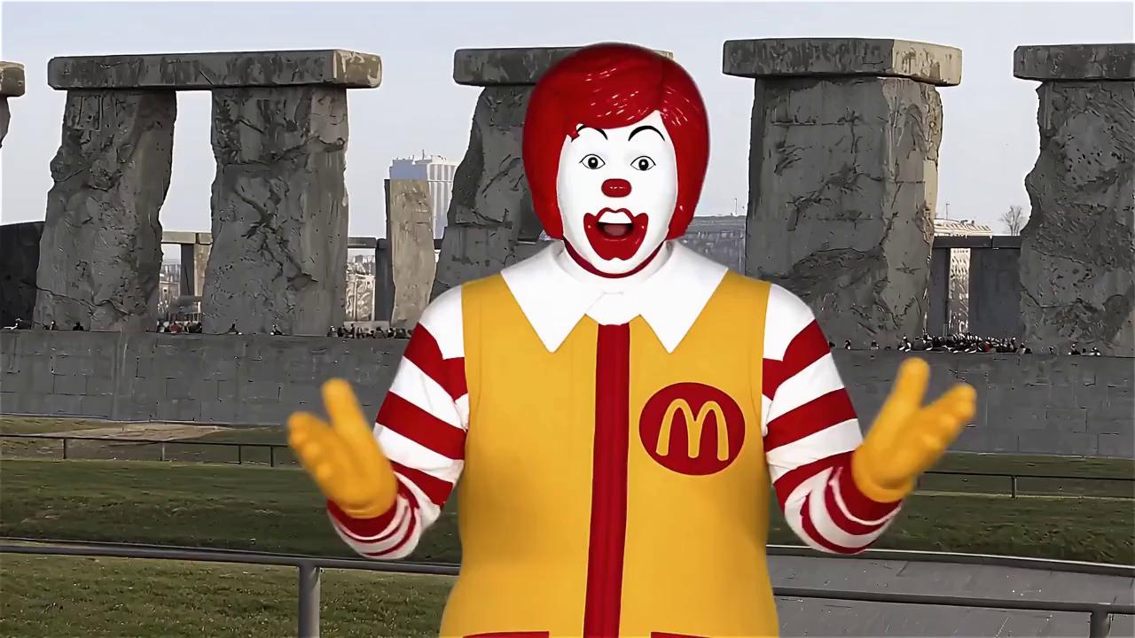 Prompt: Please create ronald mcdonald giving a speech in the berlin wall.