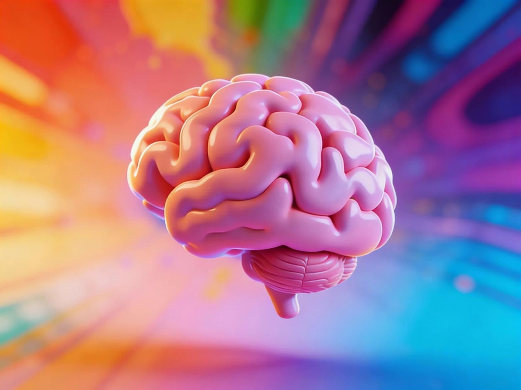 Prompt: a glossy cartoon human brain floating in mid air, slowly moving left and right, gently rotating, the brain squeezing and contracting like it’s thinking too hard, soft organic crunching motion, subtle pulsating veins, rhythmic breathing movement, cinematic slow motion, while the colorful abstract background explodes with liquid paint waves, neon splashes flowing and swirling, colors shifting rapidly pink blue purple yellow, dynamic motion, energy bursts, dreamy glow, depth of field, soft shadows, volumetric light, smooth animation, highly detailed 3D, pixar style, surreal, hypnotic, seamless loop,psychedelic liquid paint explosion, paint splatter bursts, fluid simulation, colorful smoke, ink in water effect, chromatic aberration, light streaks